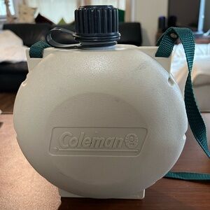 Coleman Gray Round Canteen with Green Strap & Black Cap, holds 1 quart of fluid